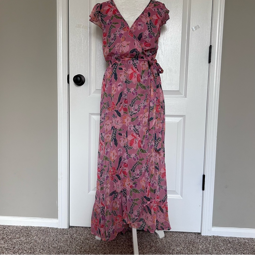 Floral Faux Wrap Maxi Dress Flutter Sleeve Boho Romantic Soft Pink Extra Small - Picture 3 of 16
